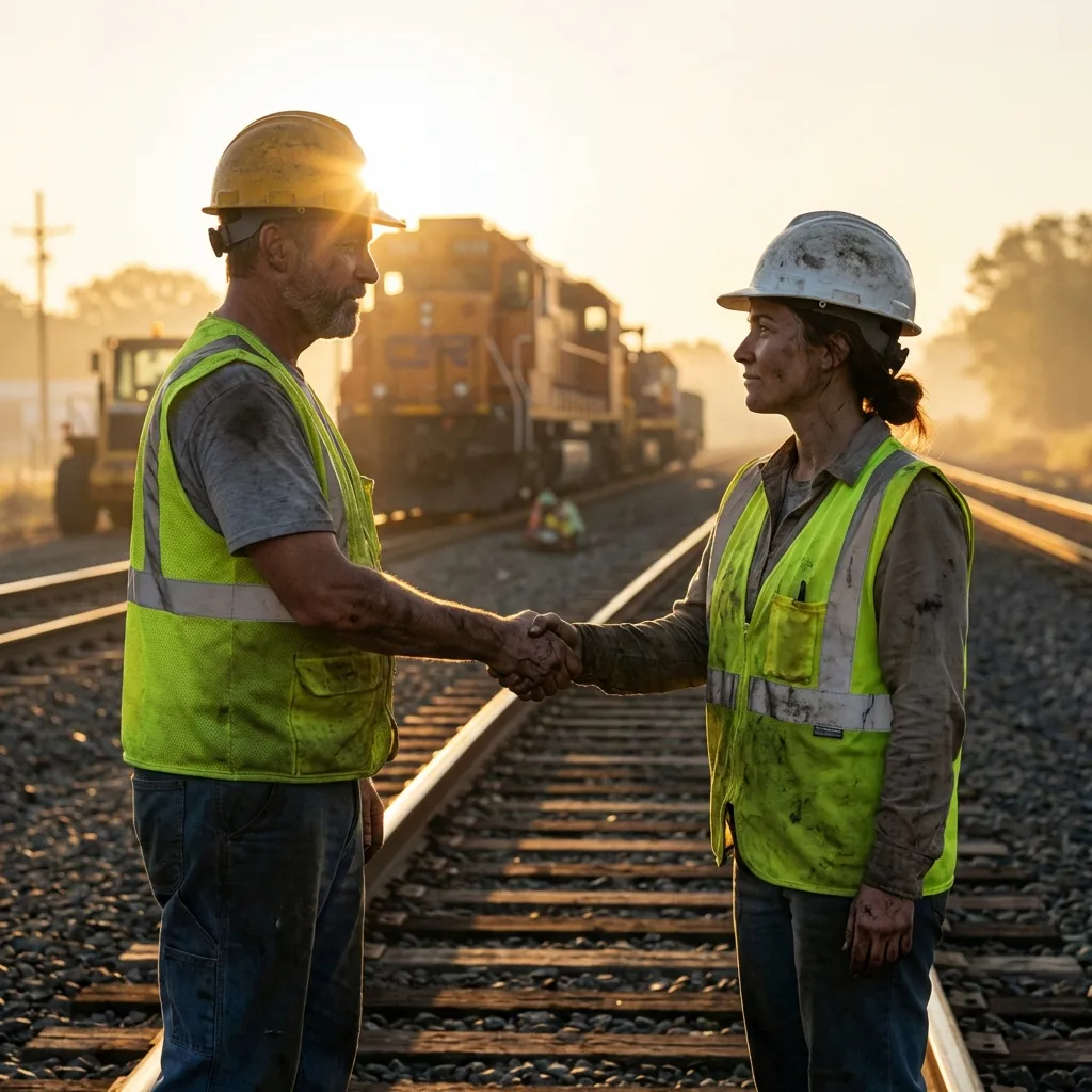 Railway maintenance workers shaking hands